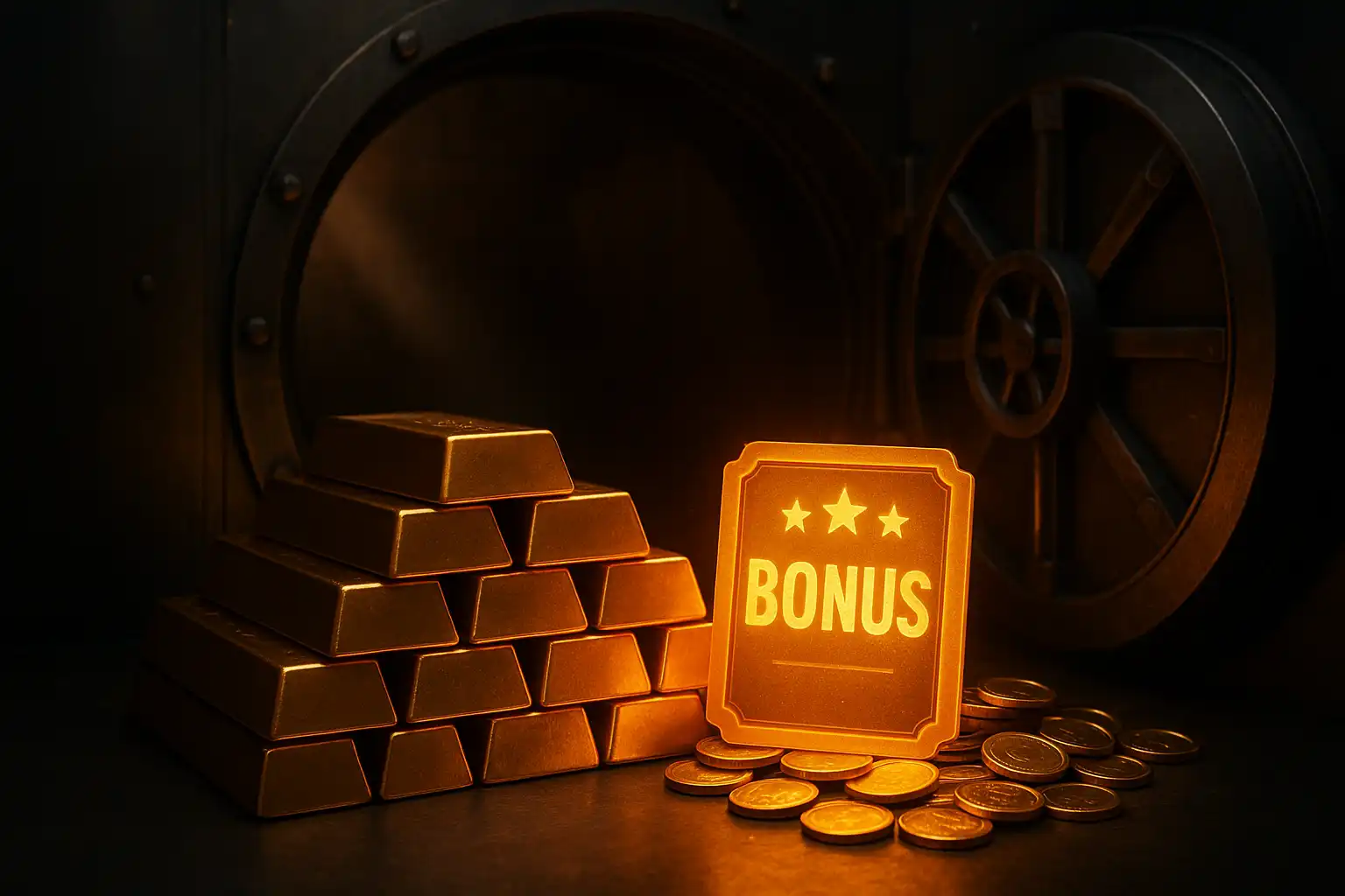 Stack of gold bars beside a glowing bonus ticket inside an open bank vault