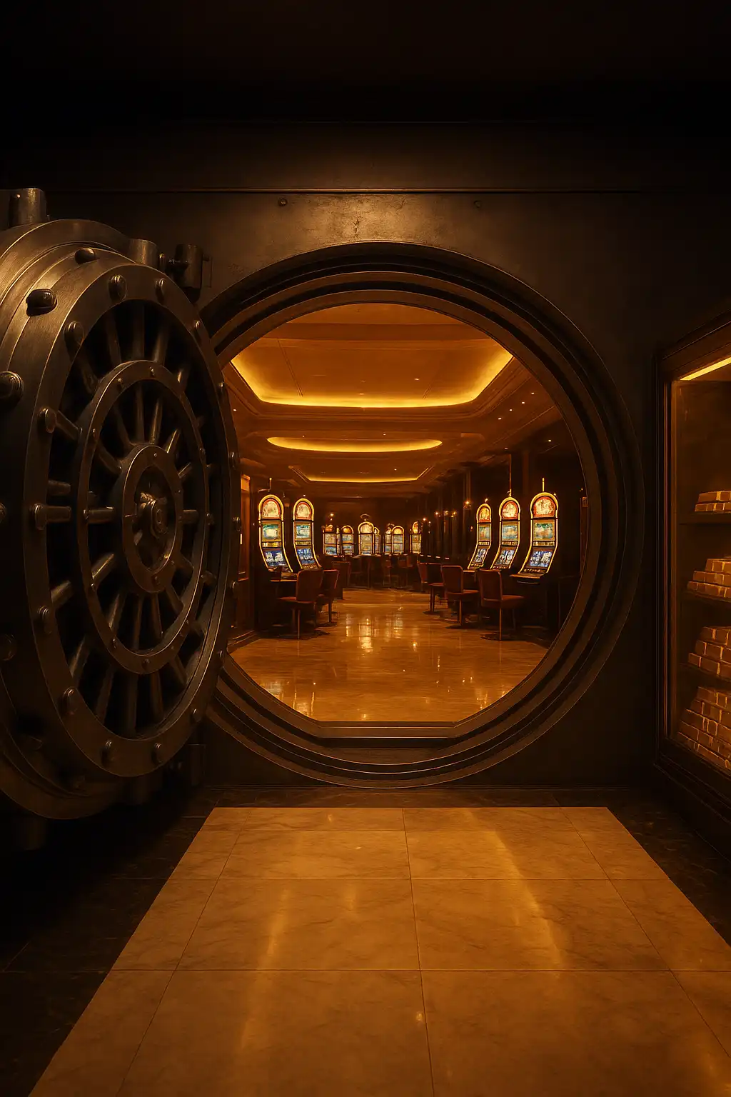 Massive steel vault door opening onto a marble casino floor lined with gold bars and glowing slot machines