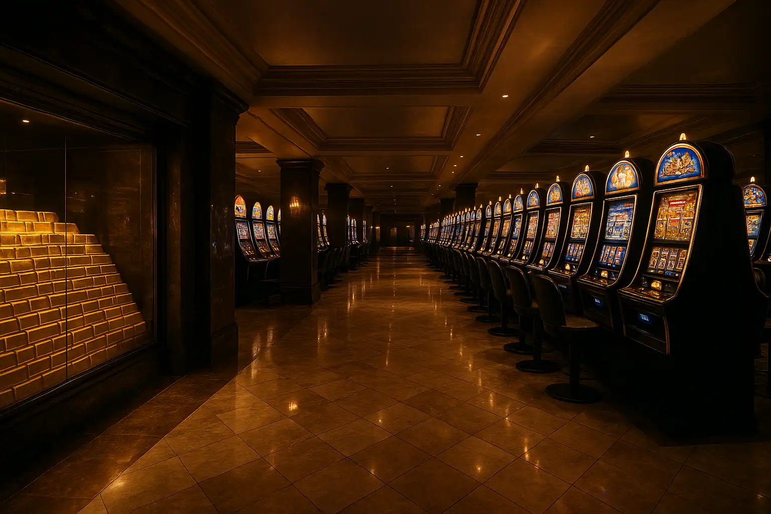 Elegant underground casino floor with marble tiles, gold bars stacked behind glass and rows of illuminated slot machines