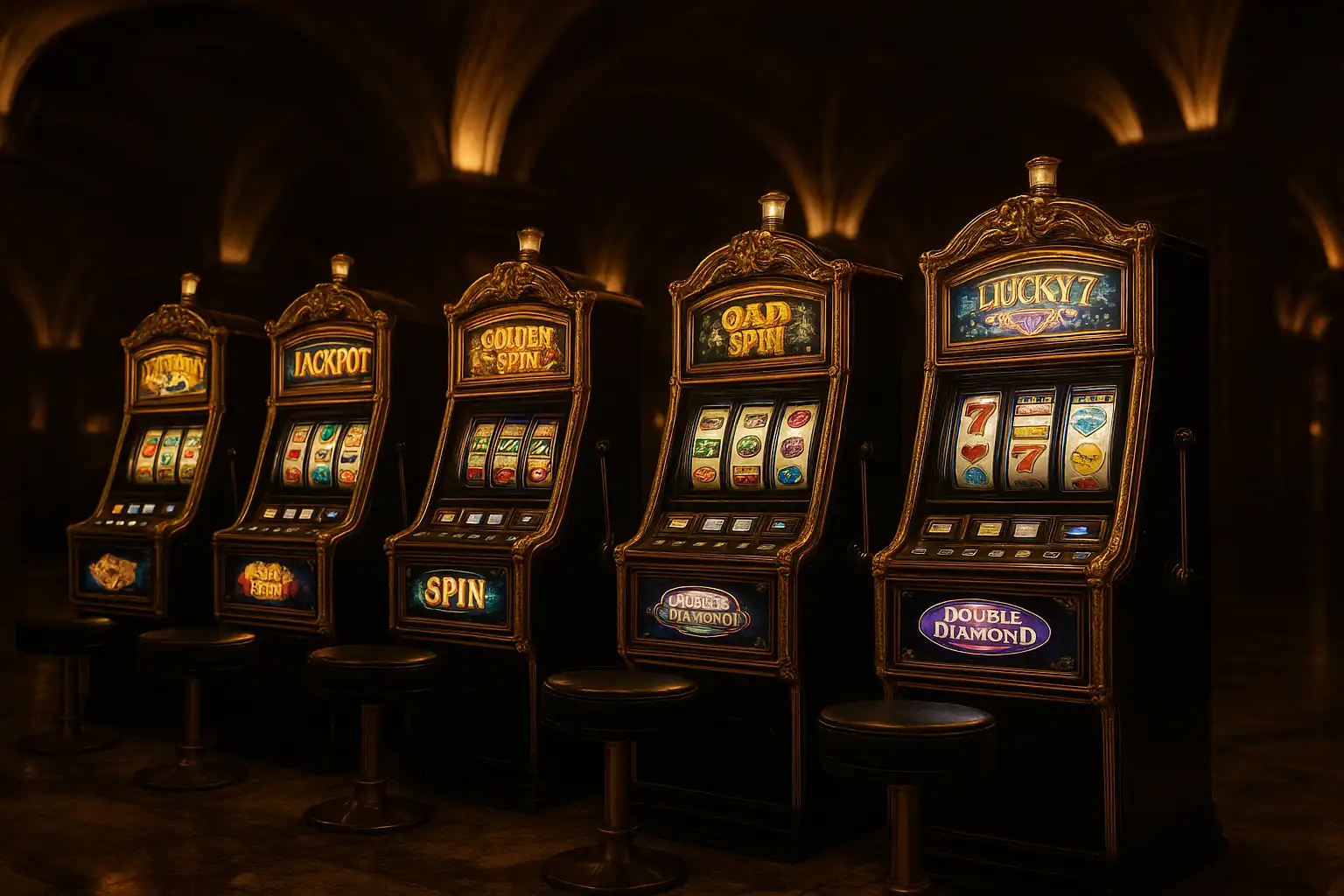Row of gold-trimmed slot machines glowing under dramatic vault lighting on a marble casino floor