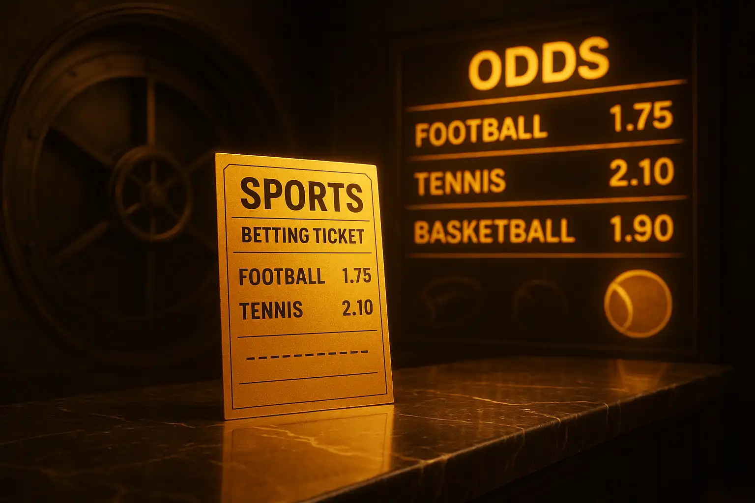 Sports betting ticket and odds board displayed on a marble counter inside the vault-themed casino lobby
