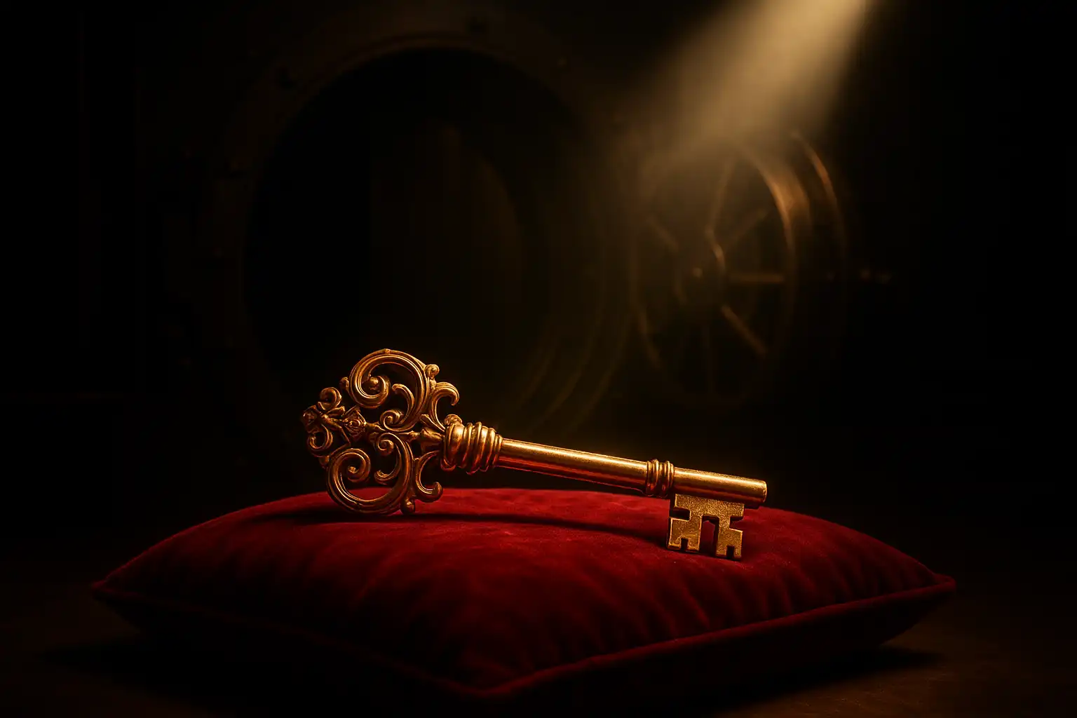 Gold key resting on a velvet cushion in front of an open vault door, symbolising VIP Club access